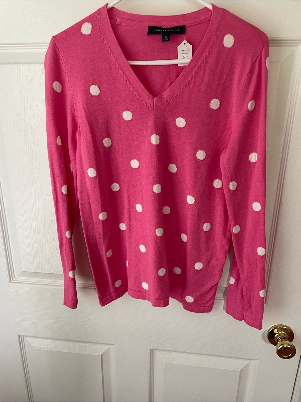 Tommy Hilfiger Pink White Polka Dot V-Neck Sweater Medium Preppy Cotton Top